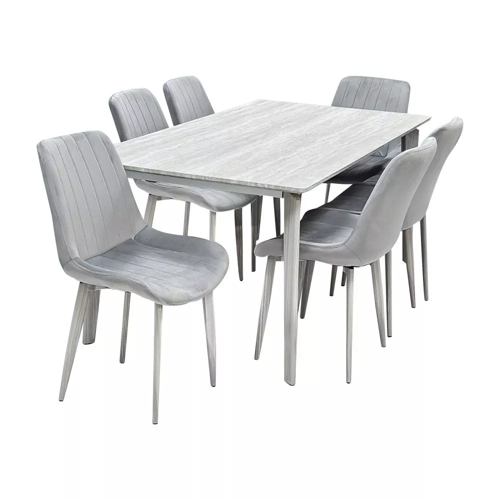 طاولة طعام خشب مع 6 كراسي قماش وأرجل معدنية