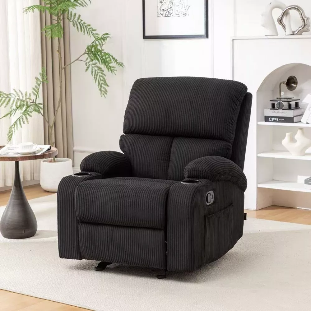 كرسي استرخاء هزاز أسود بتنجيد قماشي ناعم